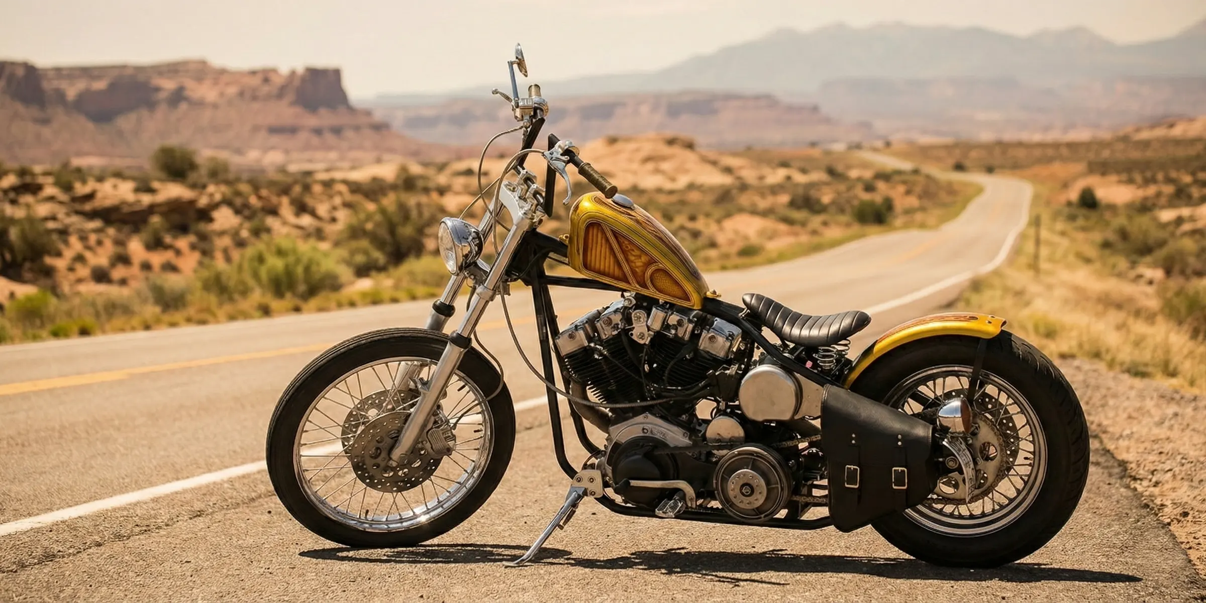 Motorcycle on a desert road with mountains in the background