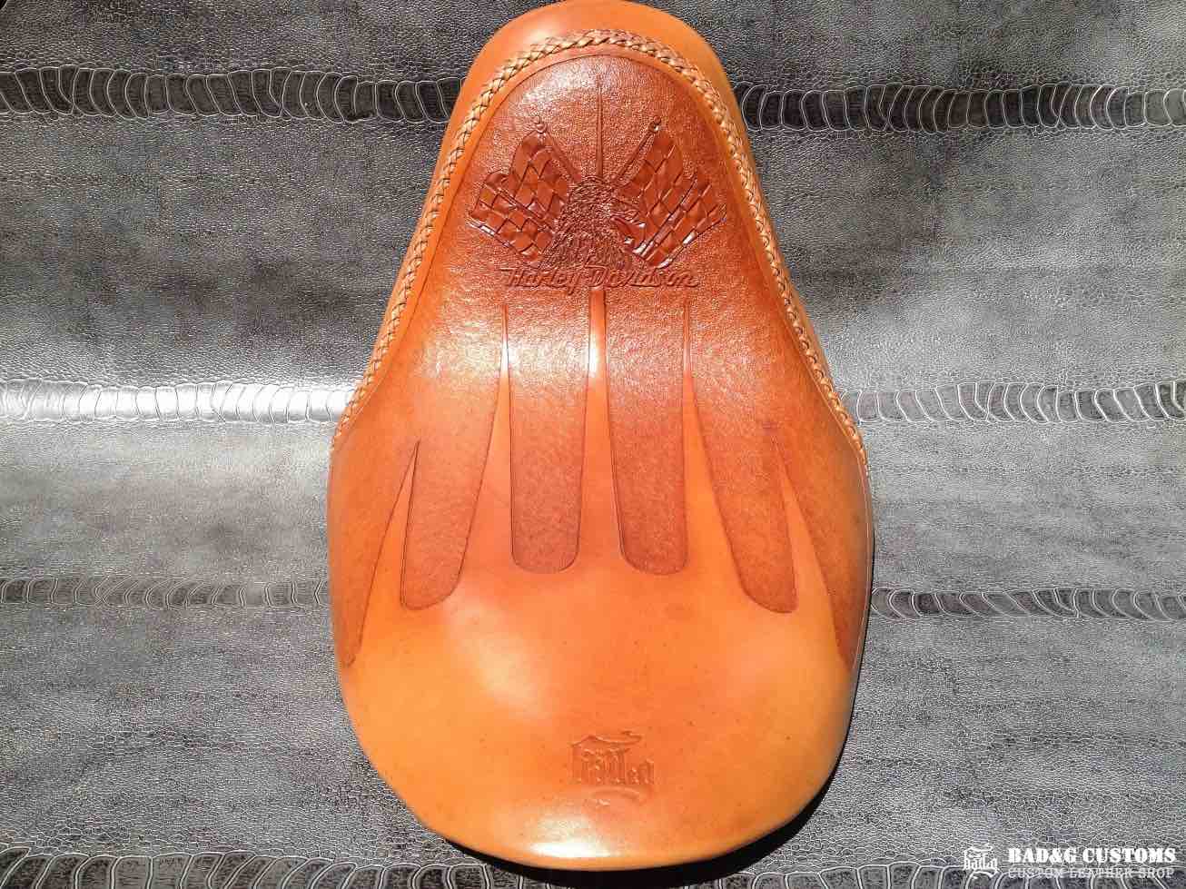 Custom Hand-Tooled Leather Solo Seat w/ Kangaroo Lace | Harley Softail