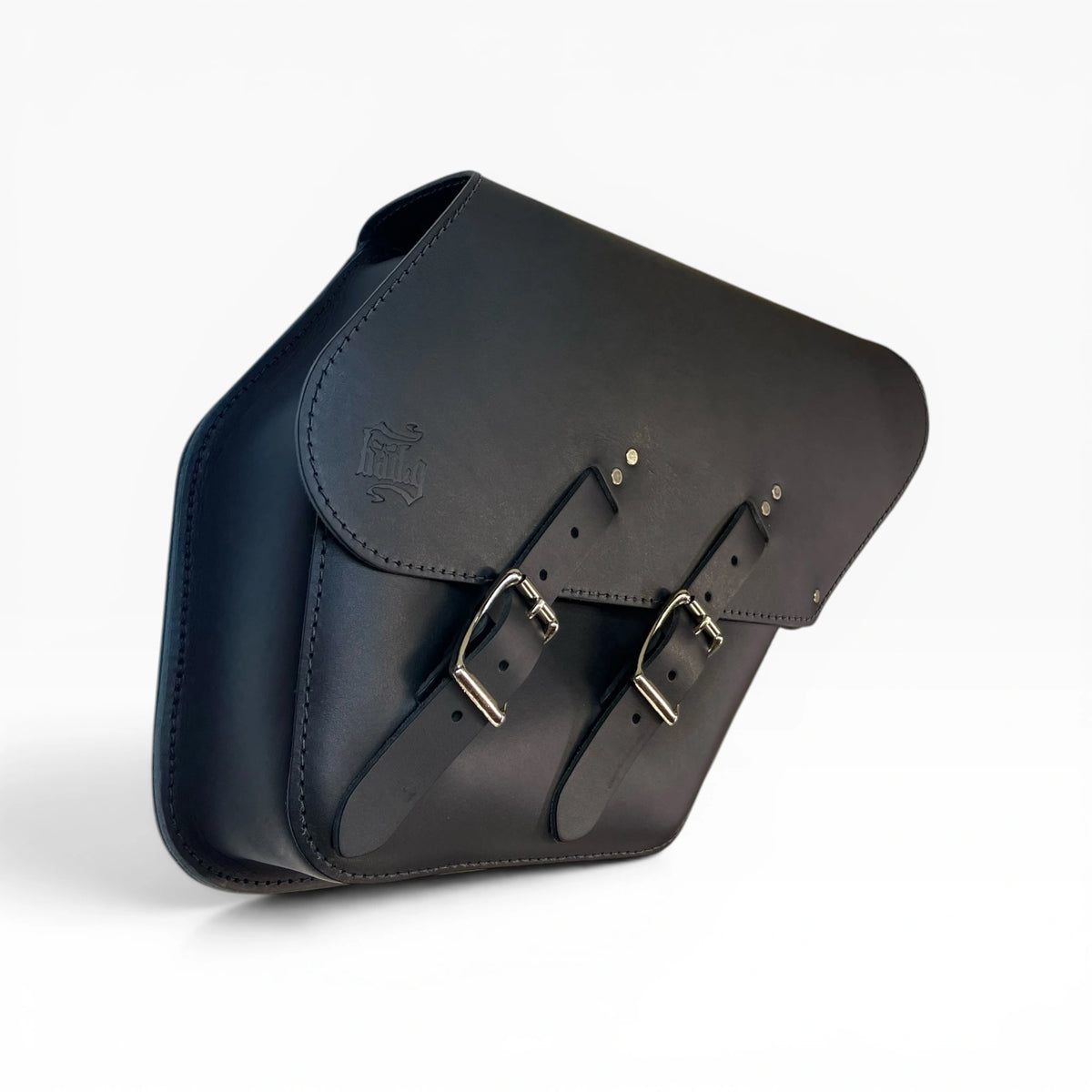 A black leather saddle bag with two silver buckle straps, shown at an angle on a clean white background.