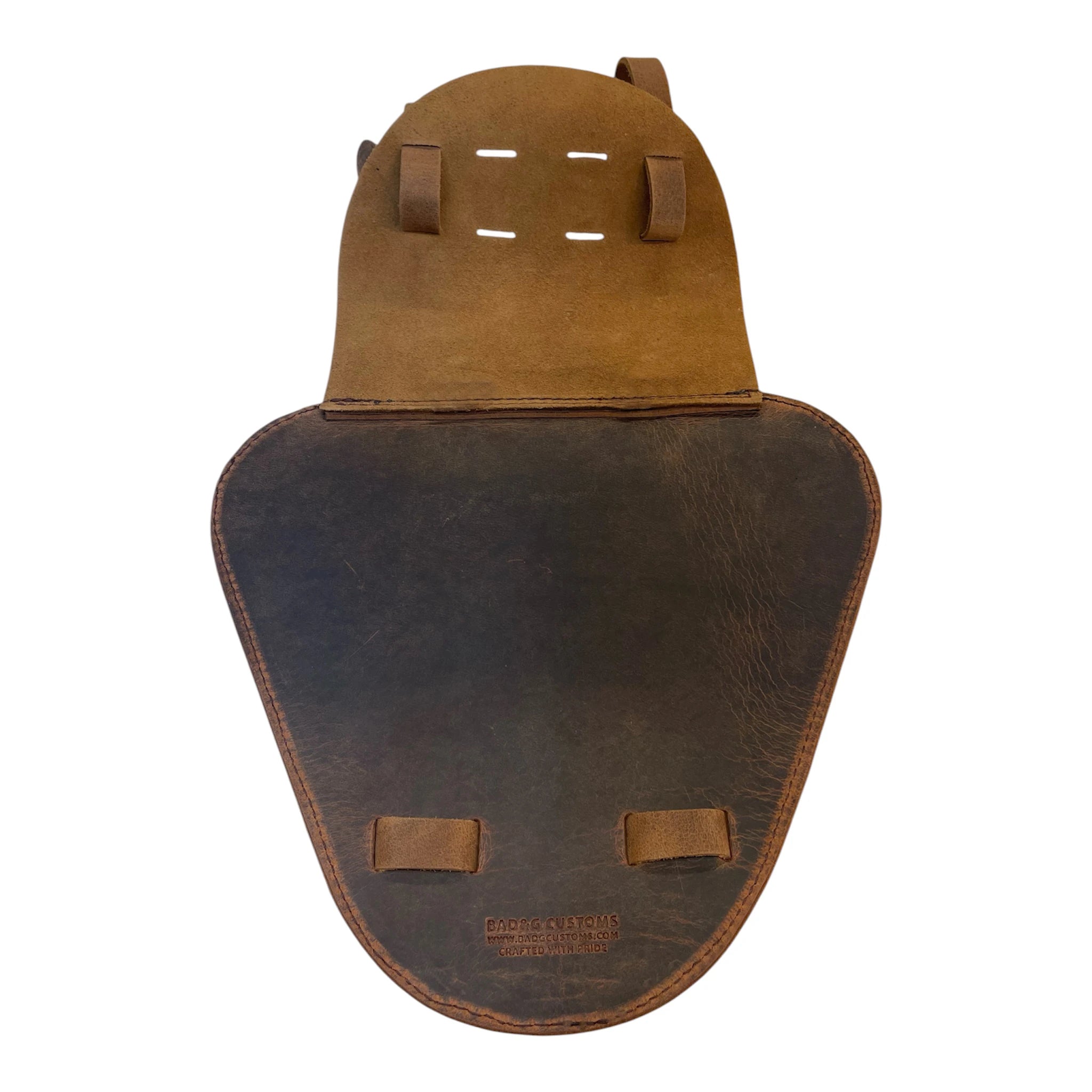 Brown leather saddle pad on a white background