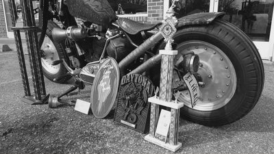 1973 Harley-Davidson Ironhead "Leatherhead" showing all the trophies won at Daytona Bike Week 2016